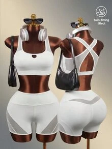 Zolique Women's Solid Color Contrast Mesh Daily Fitness Sports Shorts - White - View 1