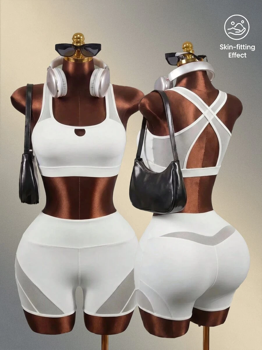 Zolique Women's Solid Color Contrast Mesh Daily Fitness Sports Shorts - White - View 1