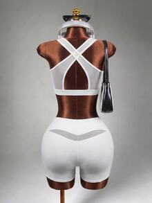 Zolique Women's Solid Color Contrast Mesh Daily Fitness Sports Shorts - White - View 2