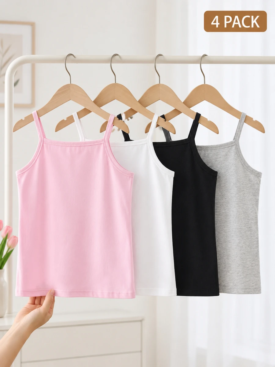 4pcs/Set Girls' Cute Ballet Camisole Tank Top Grey Black Pink White Woven Coordinated Set Suitable For All Seasons School Winter