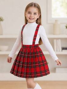 Elladie kids 少女紅色格紋吊帶裙 文青復古學院風百褶A字中長裙 聖誕穿搭套裝 - 紅色 - 查看 1