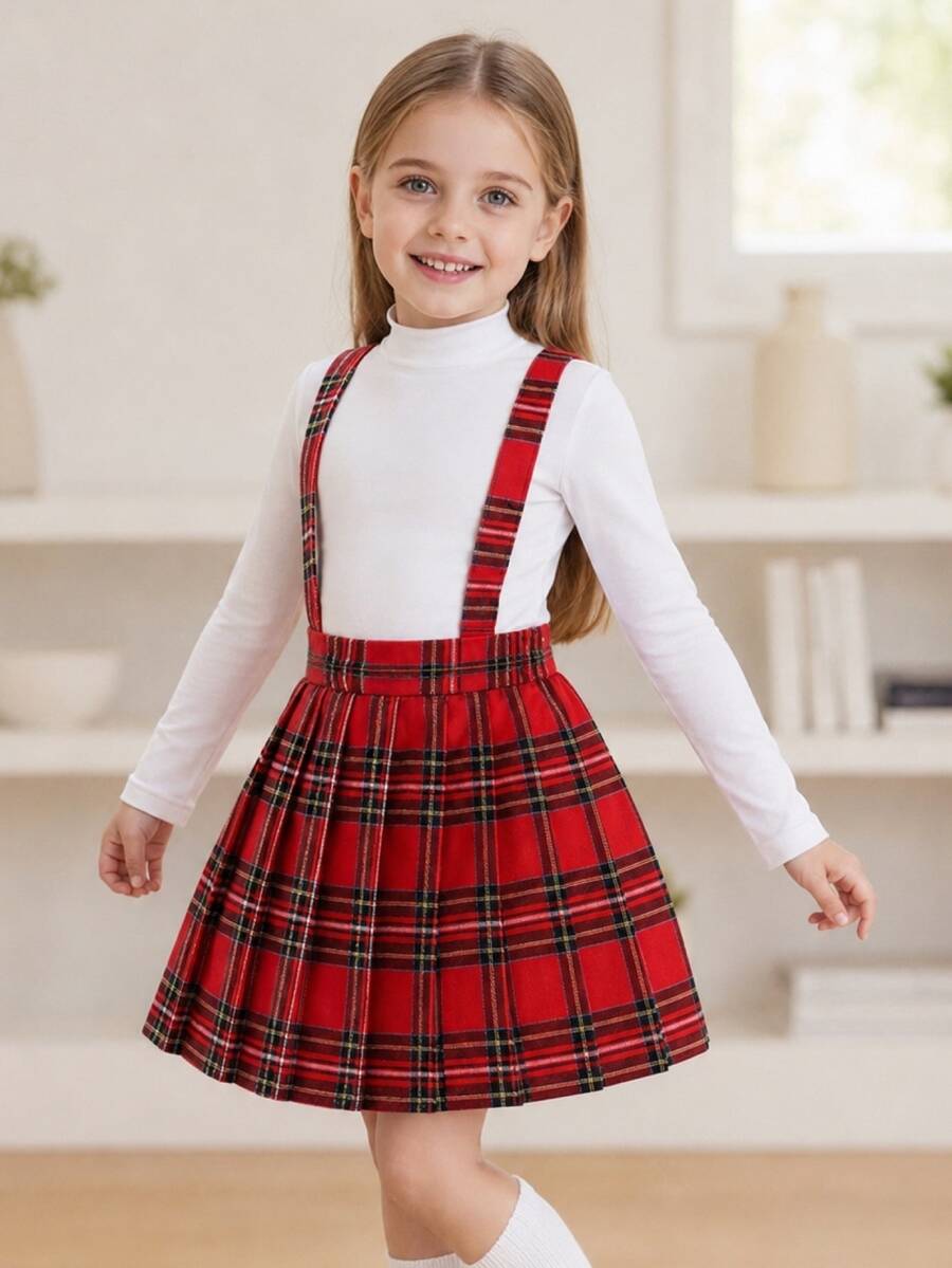 Elladie kids 少女紅色格紋吊帶裙 文青復古學院風百褶A字中長裙 聖誕穿搭套裝 - 紅色 - 查看 1