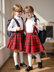 Elladie kids 少女紅色格紋吊帶裙 文青復古學院風百褶A字中長裙 聖誕穿搭套裝 - 紅色 - 查看 6