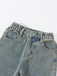 SHEIN 少女 Y2K 街頭風日常彈性腰直筒拉鍊牛仔褲，平口袋設計，適合日常、學校、校園、大學夏季假期，嬰兒藍 - 銅色 - 查看 6