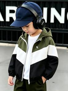SHEIN Genkimix Kids 1件男童休閒極簡拼接色連帽長袖外套，時尚設計，適合秋季穿著，4-7歲男孩嬰兒白色 - 彩色 - 查看 5