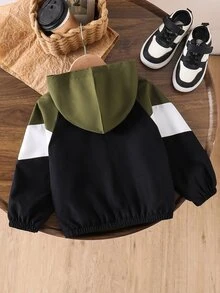 SHEIN Genkimix Kids 1件男童休閒極簡拼接色連帽長袖外套，時尚設計，適合秋季穿著，4-7歲男孩嬰兒白色 - 彩色 - 查看 3