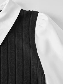 SHEIN 青少年女孩秋季連衣裙 Streecool 青少年女孩休閒大學風拼接長袖短款休閒迷你連衣裙 秋冬穿搭 - 黑與白 - 查看 9