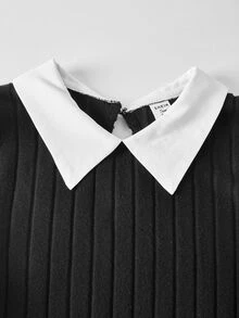 SHEIN 青少年女孩秋季連衣裙 Streecool 青少年女孩休閒大學風拼接長袖短款休閒迷你連衣裙 秋冬穿搭 - 黑與白 - 查看 7