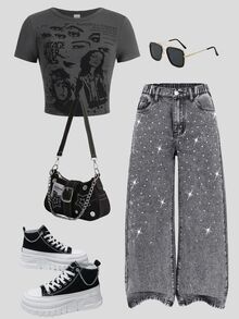 SHEIN Tween Girl Light Grey Fashion Simple Casual Streetwear Rhinestone Decorated Loose Wide Leg Washed Denim Pants Summer Everyday School - Grey - View 6