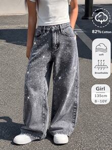 SHEIN Tween Girl Light Grey Fashion Simple Casual Streetwear Rhinestone Decorated Loose Wide Leg Washed Denim Pants Summer Everyday School - Grey - View 2