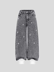 SHEIN Tween Girl Light Grey Fashion Simple Casual Streetwear Rhinestone Decorated Loose Wide Leg Washed Denim Pants Summer Everyday School - Grey - View 11