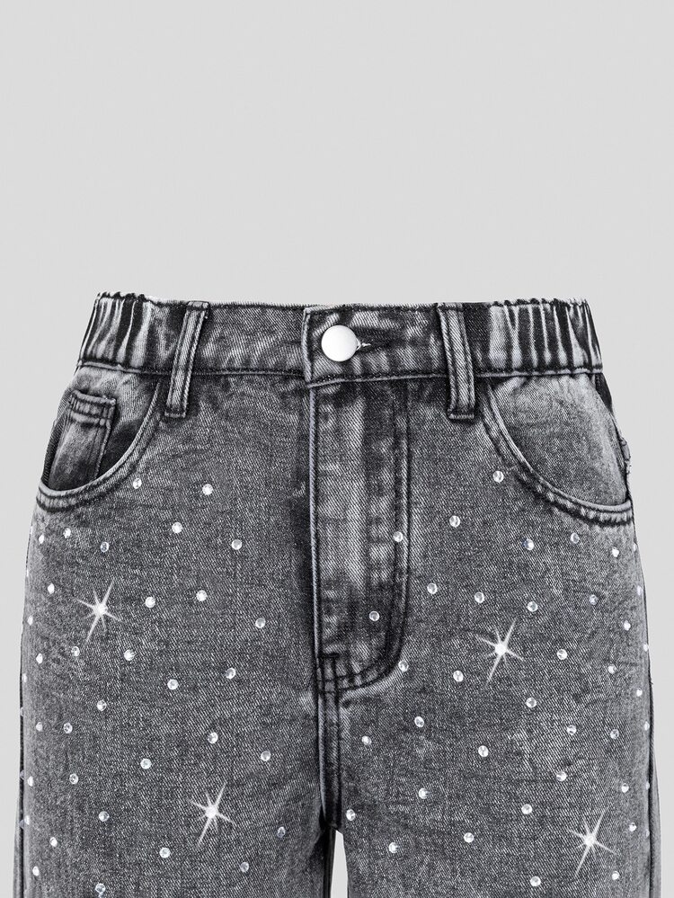 SHEIN Tween Girl Light Grey Fashion Simple Casual Streetwear Rhinestone Decorated Loose Wide Leg Washed Denim Pants Summer Everyday School - Grey - View 9