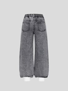 SHEIN Tween Girl Light Grey Fashion Simple Casual Streetwear Rhinestone Decorated Loose Wide Leg Washed Denim Pants Summer Everyday School - Grey - View 3