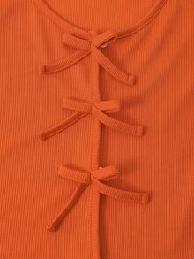 SHEIN 2pcs/Set Tween Girls Spring/Autumn Casual Knitted Ribbed Bow Decor Cardigan Top And Printed Camisole Simple Dress Vacation Style Outfit Back To School - Orange - View 4