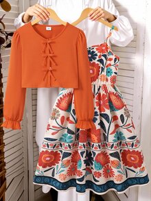SHEIN 2pcs/Set Tween Girls Spring/Autumn Casual Knitted Ribbed Bow Decor Cardigan Top And Printed Camisole Simple Dress Vacation Style Outfit Back To School - Orange - View 3