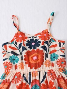 SHEIN 2pcs/Set Tween Girls Spring/Autumn Casual Knitted Ribbed Bow Decor Cardigan Top And Printed Camisole Simple Dress Vacation Style Outfit Back To School - Orange - View 5