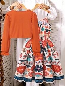 SHEIN 2pcs/Set Tween Girls Spring/Autumn Casual Knitted Ribbed Bow Decor Cardigan Top And Printed Camisole Simple Dress Vacation Style Outfit Back To School - Orange - View 2