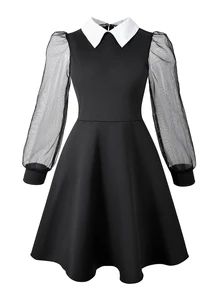 Tween女孩黑色長袖黑色洋裝 返校舞會禮服 女童服飾 8至12歲 秋季風格 - 黑色 - 查看 4