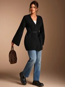 SHEIN BASICS Women's Solid Color Casual Versatile Daily Wear Cardigan Everyday Travel Black Autumn - Black - View 8