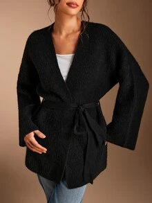 SHEIN BASICS Women's Solid Color Casual Versatile Daily Wear Cardigan Everyday Travel Black Autumn - Black - View 11