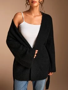SHEIN BASICS Women's Solid Color Casual Versatile Daily Wear Cardigan Everyday Travel Black Autumn - Black - View 5