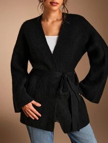 SHEIN BASICS Women's Solid Color Casual Versatile Daily Wear Cardigan Everyday Travel Black Autumn - Black - View 9