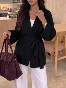 SHEIN BASICS Women's Solid Color Casual Versatile Daily Wear Cardigan Everyday Travel Black Autumn - Black - View 2