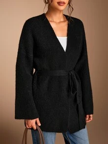 SHEIN BASICS Women's Solid Color Casual Versatile Daily Wear Cardigan Everyday Travel Black Autumn - Black - View 14