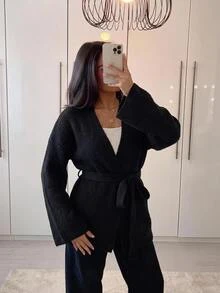 SHEIN BASICS Women's Solid Color Casual Versatile Daily Wear Cardigan Everyday Travel Black Autumn - Black - View 3
