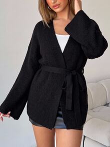 SHEIN BASICS Women's Solid Color Casual Versatile Daily Wear Cardigan Everyday Travel Black Autumn - Black - View 6
