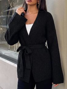 SHEIN BASICS Women's Solid Color Casual Versatile Daily Wear Cardigan Everyday Travel Black Autumn - Black - View 4