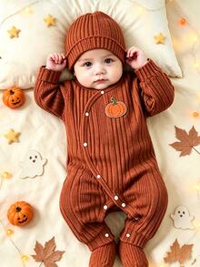 SHEIN Newborn Baby Pumpkin Pattern Casual Daily Long Sleeve Jumpsuit - Rust Brown - View 9
