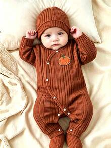 SHEIN Newborn Baby Pumpkin Pattern Casual Daily Long Sleeve Jumpsuit - Rust Brown - View 1