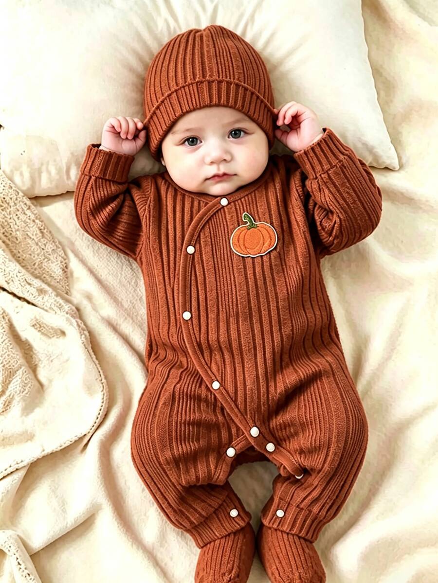 SHEIN Newborn Baby Pumpkin Pattern Casual Daily Long Sleeve Jumpsuit - Rust Brown - View 1