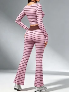 StreetHx Light Brown Digital Print Colorblock Halter Neck Slim Fit Long Sleeve Flared Leg Sports Pants Set Gym Autumn Athleisure Athletic - Multicolor - View 2