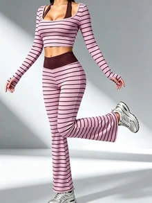 StreetHx Light Brown Digital Print Colorblock Halter Neck Slim Fit Long Sleeve Flared Leg Sports Pants Set Gym Autumn Athleisure Athletic - Multicolor - View 5