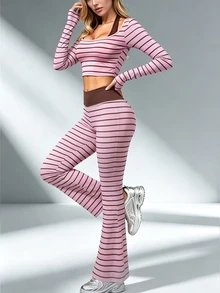 StreetHx Light Brown Digital Print Colorblock Halter Neck Slim Fit Long Sleeve Flared Leg Sports Pants Set Gym Autumn Athleisure Athletic - Multicolor - View 6