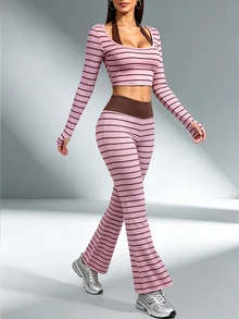StreetHx Light Brown Digital Print Colorblock Halter Neck Slim Fit Long Sleeve Flared Leg Sports Pants Set Gym Autumn Athleisure Athletic - Multicolor - View 3
