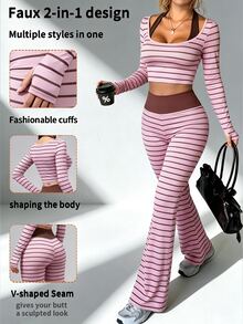 StreetHx Light Brown Digital Print Colorblock Halter Neck Slim Fit Long Sleeve Flared Leg Sports Pants Set Gym Autumn Athleisure Athletic - Multicolor - View 1