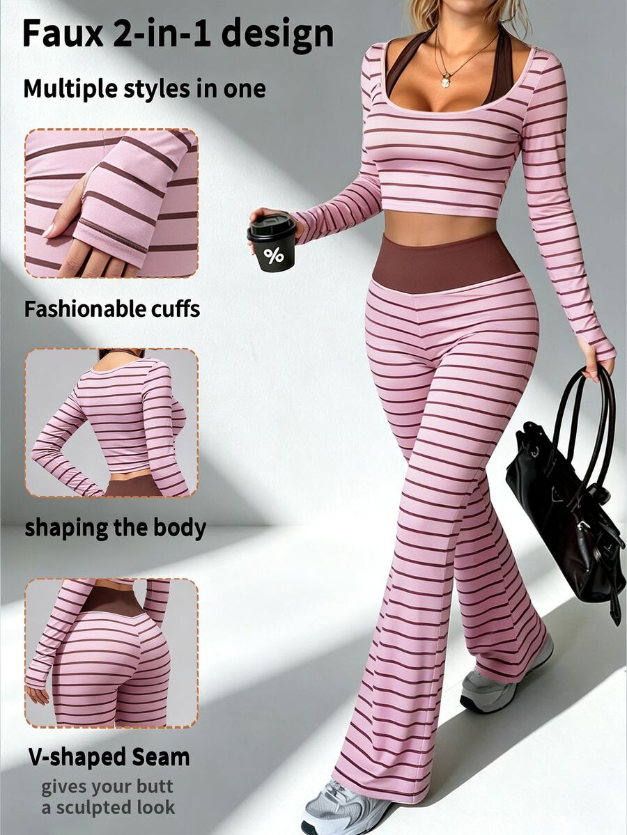 StreetHx Light Brown Digital Print Colorblock Halter Neck Slim Fit Long Sleeve Flared Leg Sports Pants Set Gym Autumn Athleisure Athletic - Multicolor - View 1