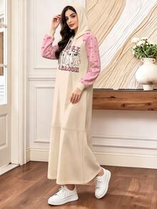 Modelyn 萬聖節主題趣味幽靈蝴蝶結字母印花女款運動衫連身裙，秋冬時尚抽繩連帽落肩袖長裙，適合日常休閒與街頭穿搭，膝長杏色連身裙 - 彩色 - 查看 5