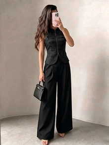 Modelyn French Napoleonic-Style Black Sleeveless Zipper Knot Button Slimming Vest Straight Leg Pants Women's Autumn Casual Commute Versatile Suit Set - Black - View 4