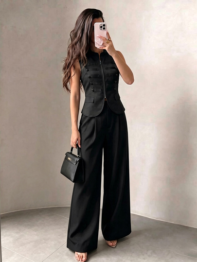 Modelyn French Napoleonic-Style Black Sleeveless Zipper Knot Button Slimming Vest Straight Leg Pants Women's Autumn Casual Commute Versatile Suit Set