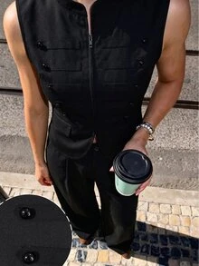 Modelyn French Napoleonic-Style Black Sleeveless Zipper Knot Button Slimming Vest Straight Leg Pants Women's Autumn Casual Commute Versatile Suit Set - Black - View 3