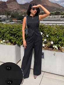 Modelyn French Napoleonic-Style Black Sleeveless Zipper Knot Button Slimming Vest Straight Leg Pants Women's Autumn Casual Commute Versatile Suit Set - Black - View 8