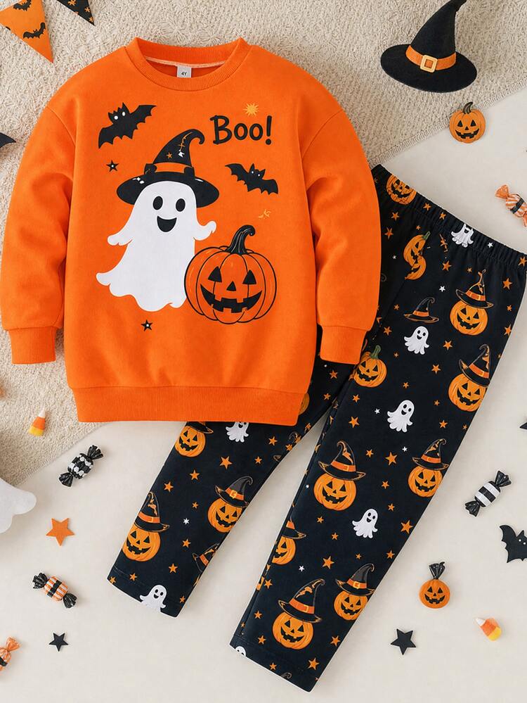 Young Girl Letter Cartoon Print Long Sleeve Sweatshirt And Pants Set - Multicolor - View 4