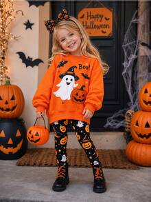 SHEIN Young Girl Letter Cartoon Print Long Sleeve Sweatshirt And Pants Set - Multicolor - View 1
