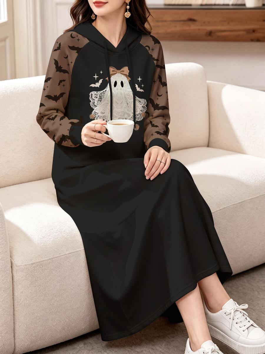 Modelyn 粉黑拼色條紋字母印花女款運動衫連身裙,秋冬時尚圓領長袖寬鬆直筒長裙,適合休閒日常穿著、街頭外出與運動 - 彩色 - 查看 1
