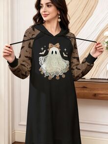 Modelyn 粉黑拼色條紋字母印花女款運動衫連身裙，秋冬時尚圓領長袖寬鬆直筒長裙，適合休閒日常穿著、街頭外出與運動 - 彩色 - 查看 5
