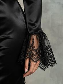 Ceyna Plus Contrast Lace Flounce Sleeve Plunging Neck Satin Bodycon Dress Fall - Black - View 6